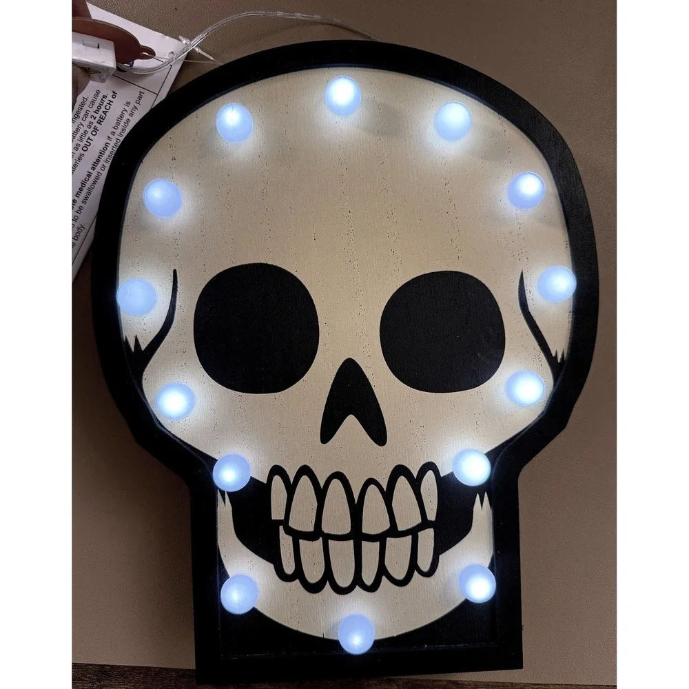 Hyde and EEK! Halloween Lit Tot Skull Sign Light Up Wood Decor LED